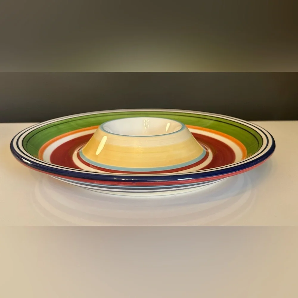 Pottery Barn Chip Dip Espadrille Stripe Bowl Platter Red Blue Green Yellow Round